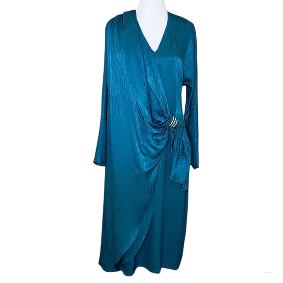 Vintage 80s Francesca of Damon by Starington Teal Dress Silk Dynasty Size 16 - Picture 1 of 10
